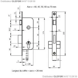 Serrure encastree entraxe 85 bois LC axe 40 45 50 60 70 serrures lince wally cisa corbin viro entraxe ea 85 mm