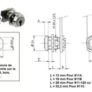 serrure batteuse ronis 911A 911B 911C 911-120 1700-09 dimensions empreinte métal