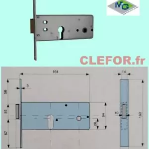 M320 serrure MG 283802 axe 80 mm entraxe 67 mm coffre 164x64 têtière plate de 20
