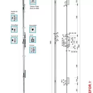 SERRURE TESA 3 PENES BASCULANT AXE 25 30 35 TETIERE FILANTE EN U DE LARGEUR 24x6x1860