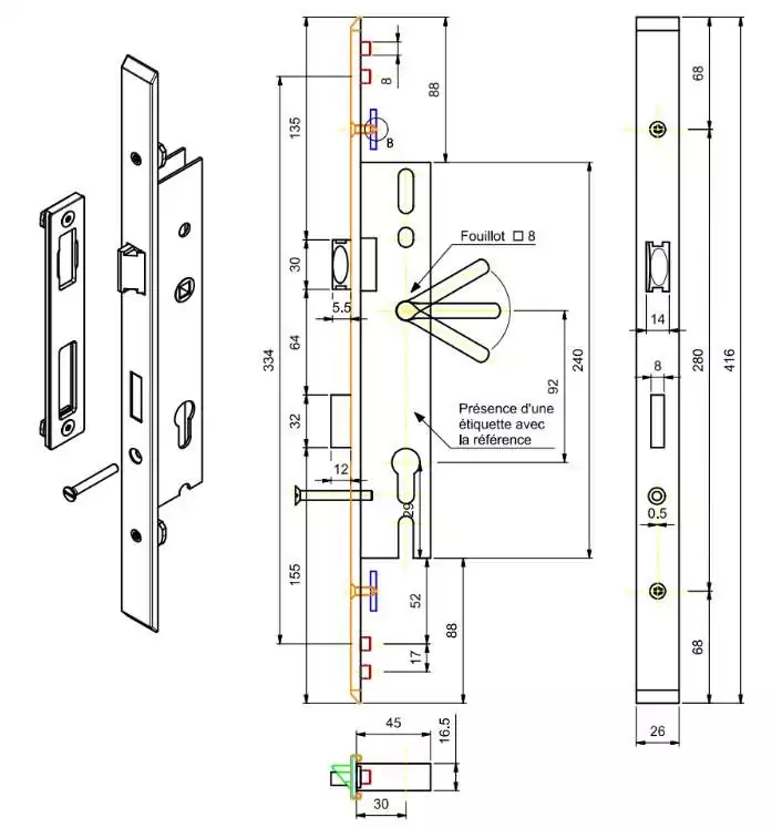 Serrure TECHNAL 3 POINTS 30/92 tétière 416x26 mm – Image 2