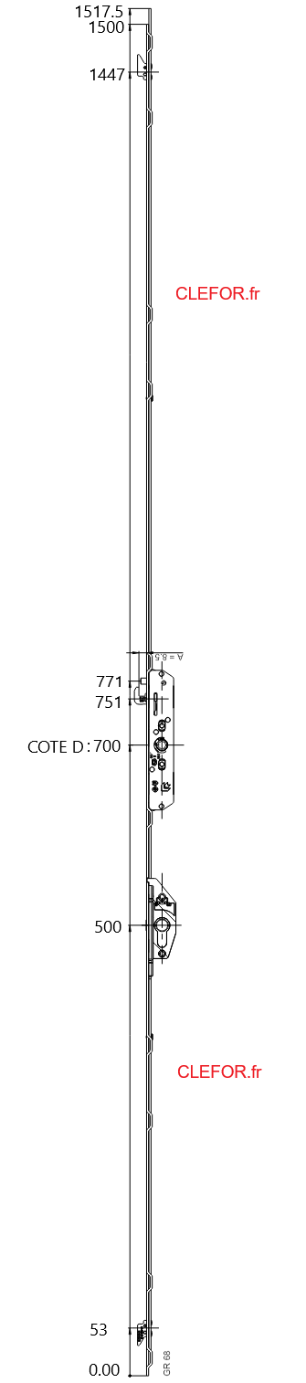 CREMONE A CYLINDRE GU SLIDE LOCK G-25525-68-0-1 POUR COULISSANT ALU OU PVC CREMONE A BARILLET L1500 D700 3 CROCHETS