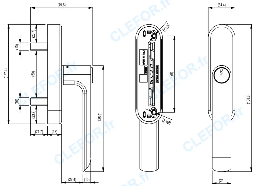 POIGNEE ERRETI E11381 MADE IN ITALY POUR REYNAERS ENTRAXE DE FIXATION 98 MM 0605025 060 5025