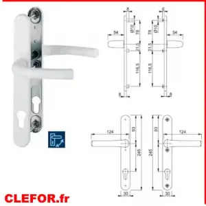 Garniture / F9016 blanc signalisation / 8 mm / clé I (PZ) 92 mm / 73-77 mm / HOPPE-Logo / 3 piliers M6 zingué + polyamide / 78 mm entre pilier sup. et milieu du trou de poignée