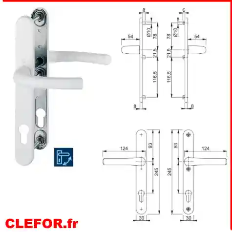 Garniture / F9016 blanc signalisation / 8 mm / clé I (PZ) 92 mm / 73-77 mm / HOPPE-Logo / 3 piliers M6 zingué + polyamide / 78 mm entre pilier sup. et milieu du trou de poignée