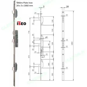 SERRURE ISEO ELECTA 3 points penes basculants tetiere plate 24x3x1860 inox 785111252 785111302 785111352