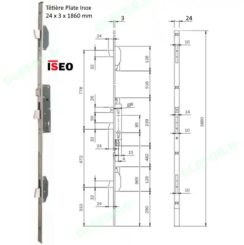 SERRURE ISEO ELECTA 3 points penes basculants tetiere plate 24x3x1860 inox 785111252 785111302 785111352